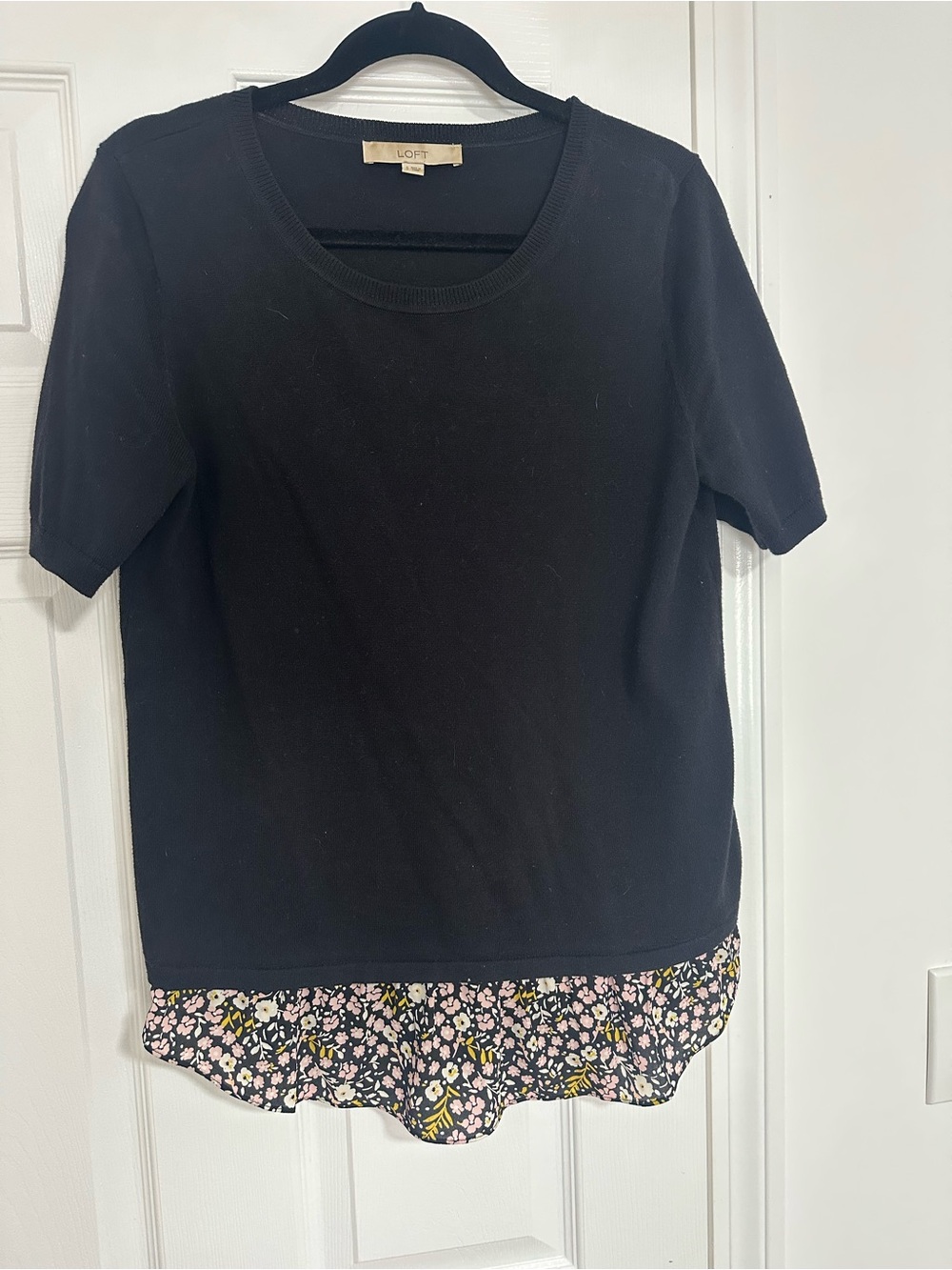 LOFT Black Short-Sleeve Top with Floral Contrast Hem